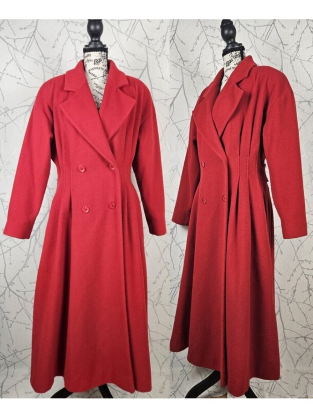 Together VTG Red 80% Wool Double Breasted Pleated Long Coat
